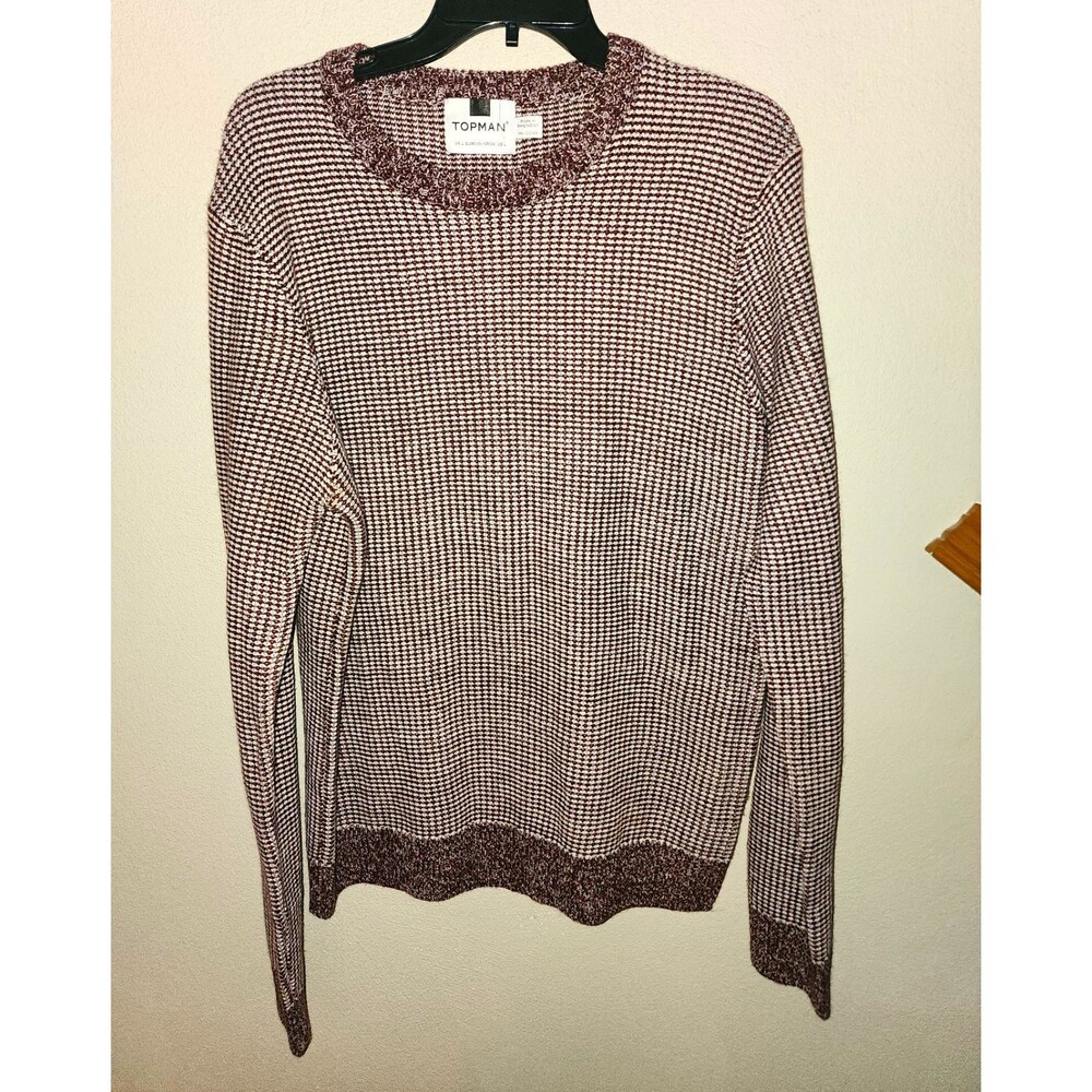 Topman Mens L Acrylic Knit Textured Ribbed Crewneck Pullover Sweater Burgundy